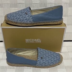 🆕 Michael Kors Lenny Logo Jacquard Denim Blue Slip on Espadrilles